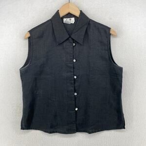 CARRY BACK NEW YORK Top Womens 12 Linen Sleeveless Shirt Button Loop Black VTG